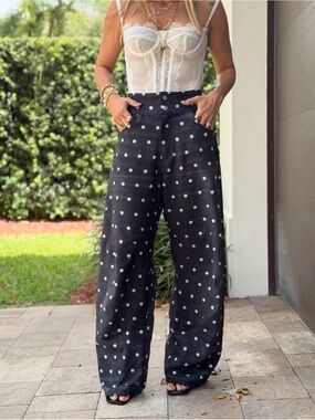 High-Waist Wide-Leg Polka Dot Pants - Black